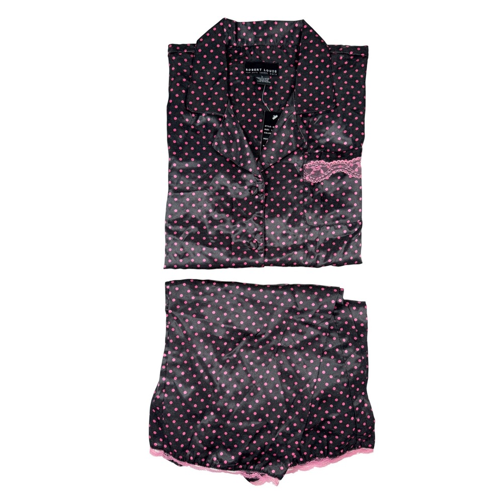 Robert Louis‎ Pajama Set Women L Black Fuchsia New Polka Dot Satin Lace Trim